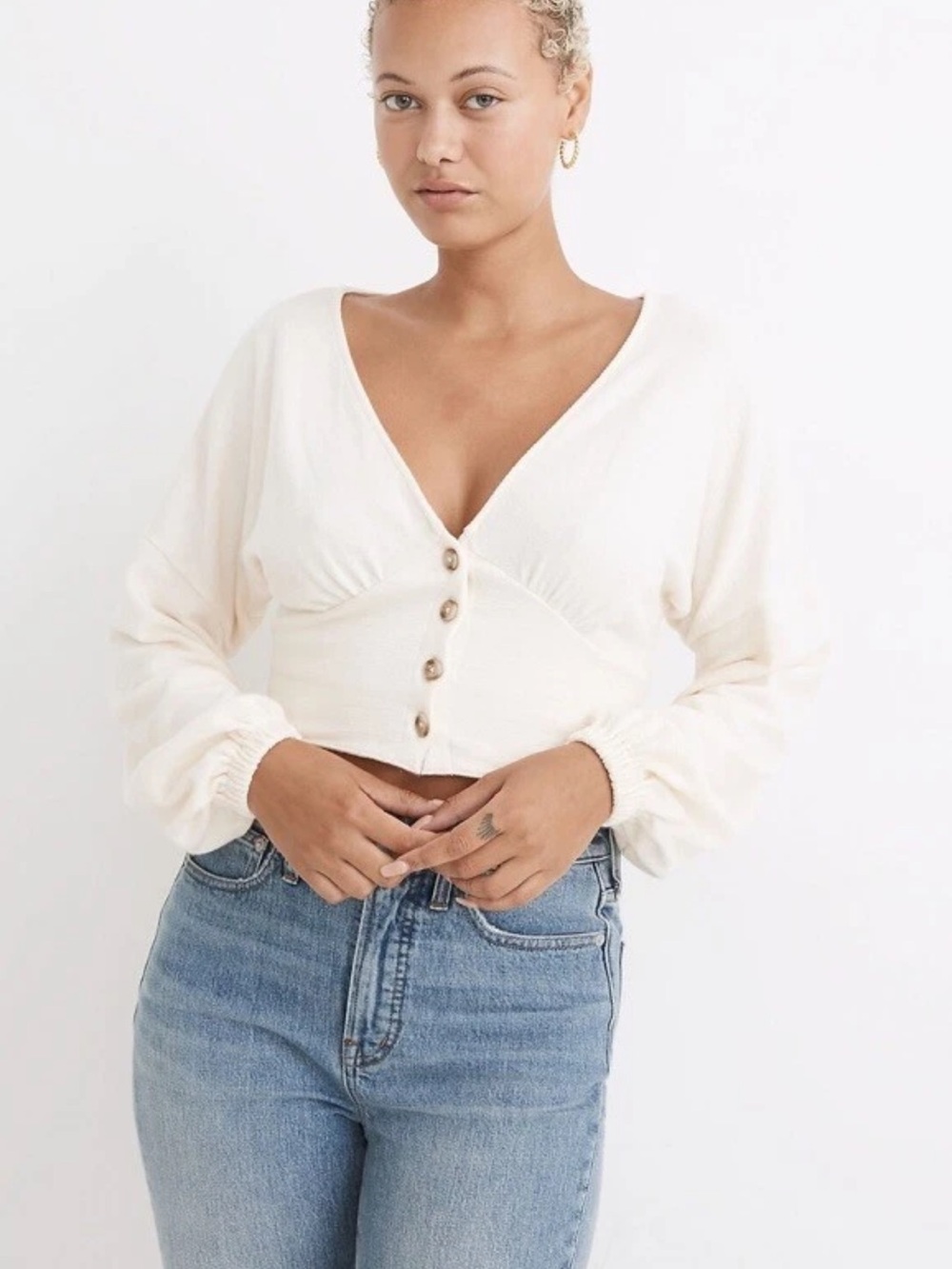 Madewell Cream Deep V Cropped Button-Front Blouse